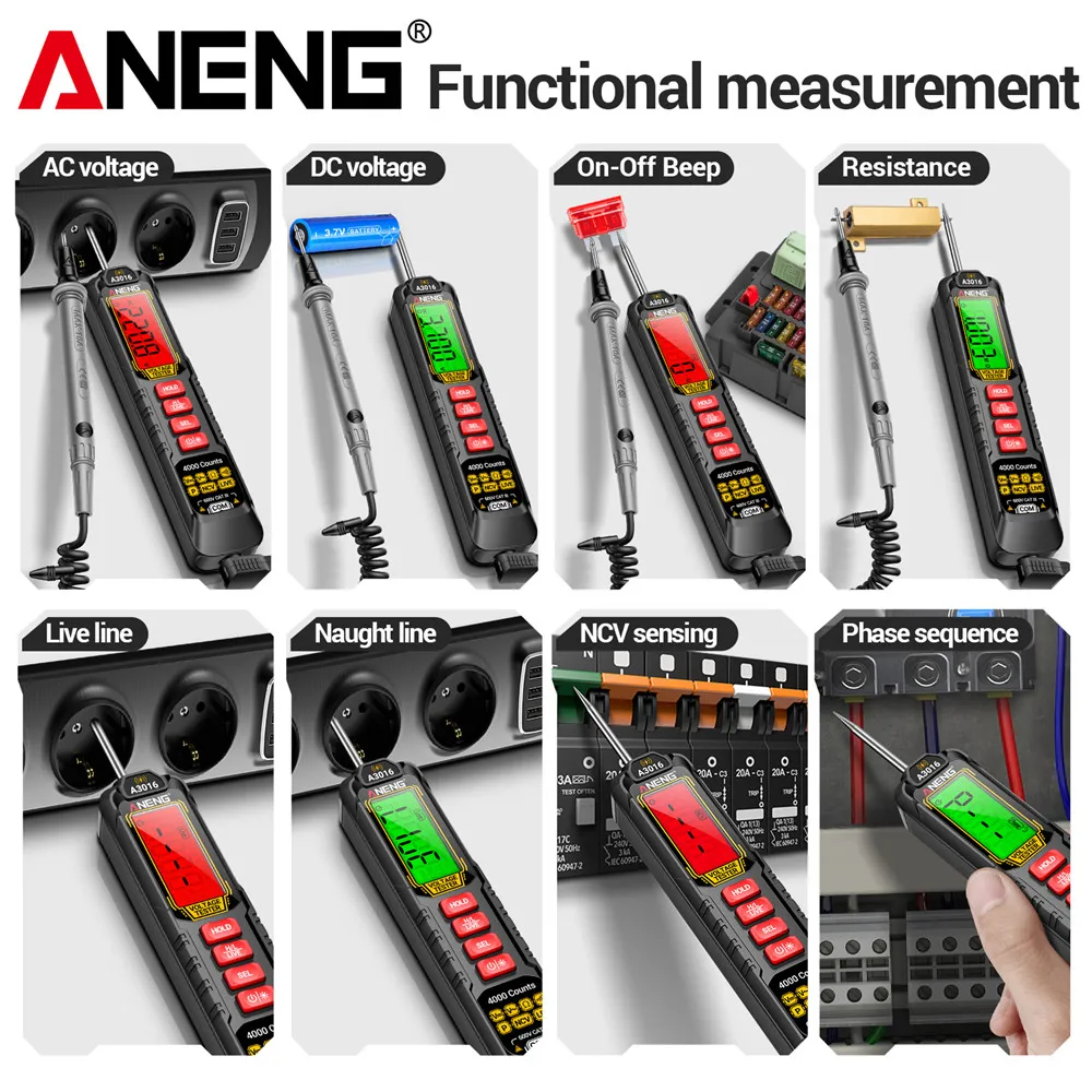 ANENG A3016 สมาร์ทปากกามัลติมิเตอร์ 4000 นับรถดิจิตอล AC/DC เครื่องตรวจจับแรงดันไฟฟ้าปากกาจอแสดงผลรถ ProbeTest เครื่องมือปากกา