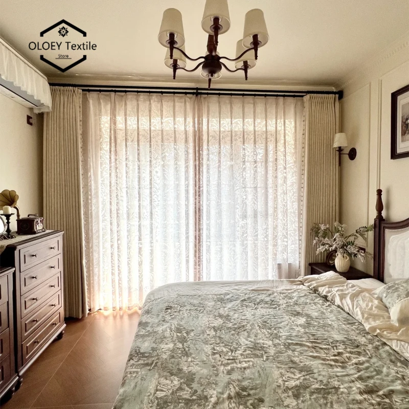 

Custom French Cream Woven Jacquard Chenille Blackout Curtains for Living Room Bedroom Luxury Thermal Insulated Textured Drapes