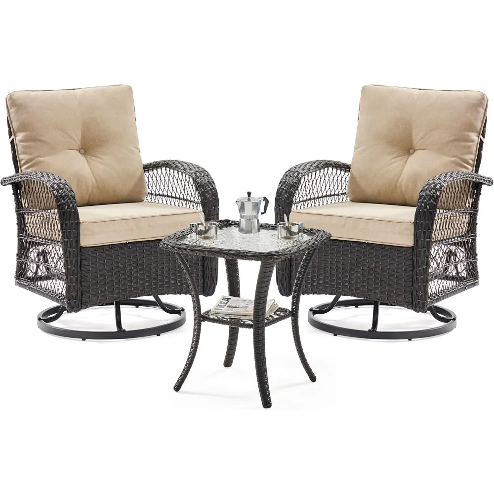 3 Pieces Patio Furniture Set, Outdoor Swivel Gliders Rocker, Wicker Patio Bistro Set with Rattan Rocking Chair