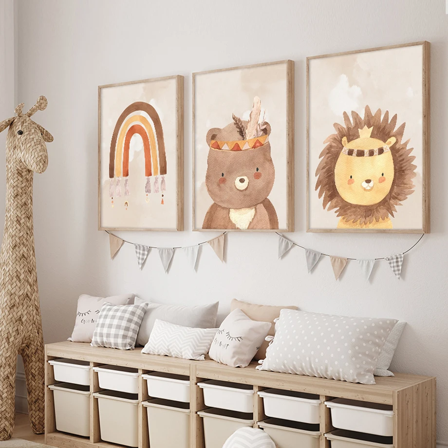 Cartoon Lion Bear Unicorn Canvas Posters Prints Wall Art Boho Rainbow Nursery Animals Pictures Kids Room Decor Baby Shower Gift