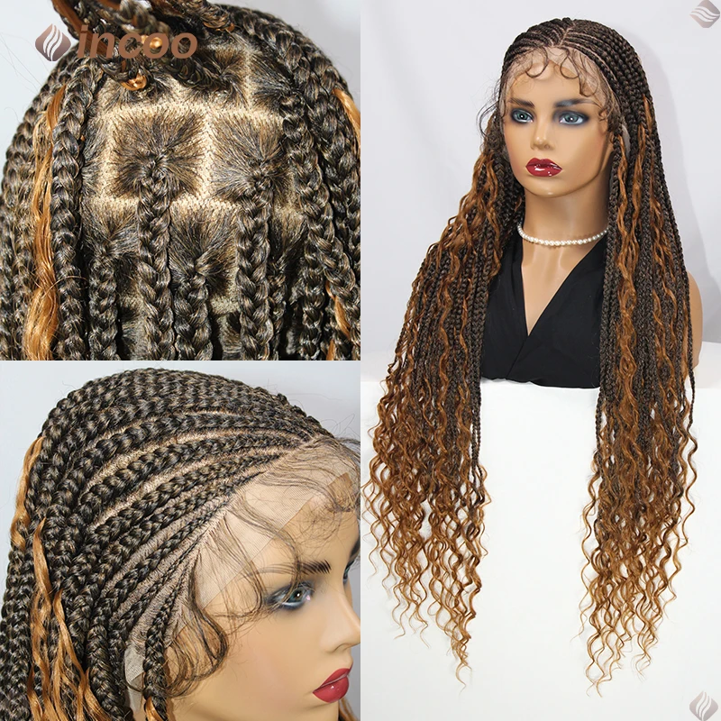 Bohemian Cornrow Braids Lace Wigs Synthetic Braided Wigs For Black Women Knotless Box Braided Wig Full Lace Cornrow Braid Wig