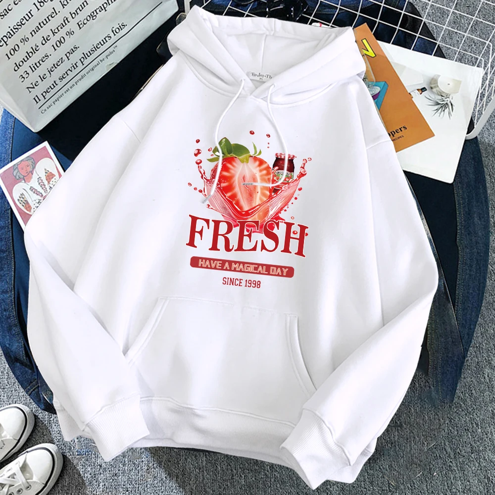 

Fresh Canned Strawberries Printed Women Hoodie Casual Multicolor Hoody Vintage Loose Y2K Womenswear Autumn Fleece Clothing