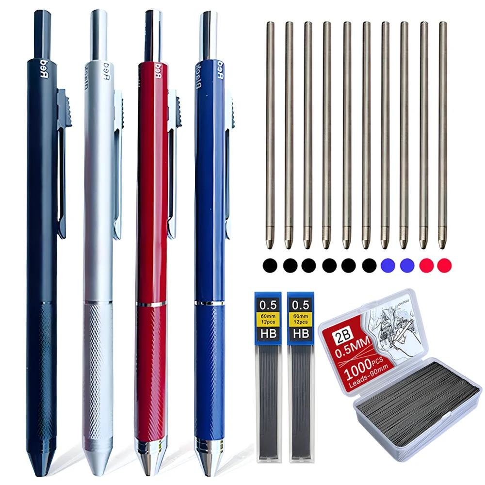 Multicolored 4in1 Ballpoint Mechanical Pencils Click Press Automatic Pens Writing School Office Kids Multifunction Stationery 3D