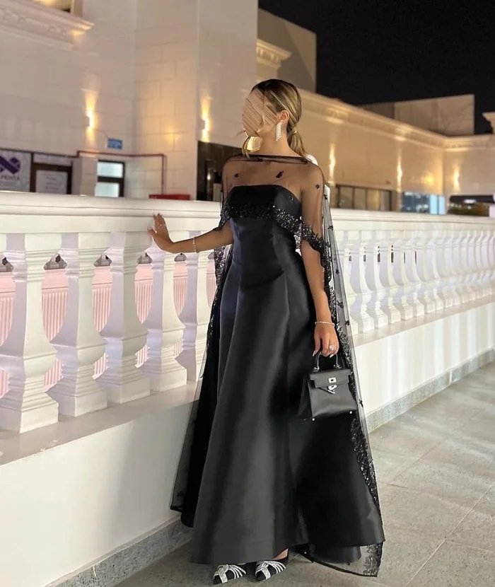 블랙 발목 길이 사우디 이브닝 정장 드레스 랩 케이프 Gillter 맞춤형 댄스 파티 행사 가운 فستان سهرة نسائي