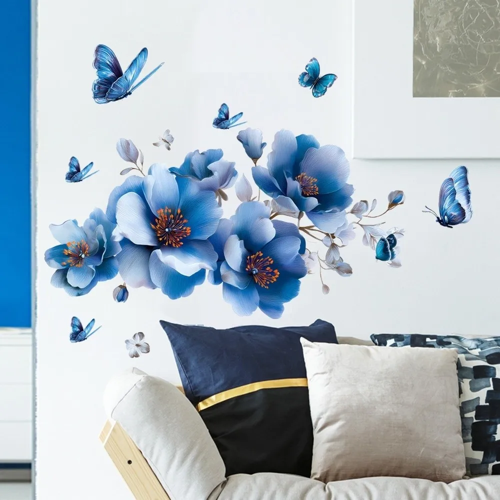New Red Flower Wall Sticker Vine Design Waterproof Wall Decals Butterfly Pattern Self-Adhesive Wall Art Home Decor