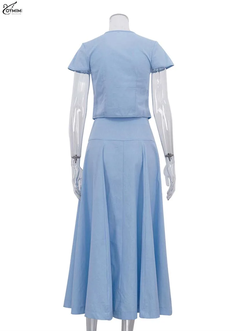 Oymimi Elegant Blue Cotton 2 Pieces Set For Woman Fashion O-Neck Short Sleeve Button Shirts And High Waist Mid-Calf Skirts Sets image 6