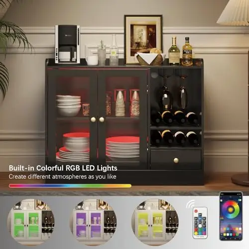 Wine Bar Cabinet with Tempered Acrylic Door & Rack, Freestanding Buffet Sideboard with Glass Holder, Coffee Bar Cabinet image 6