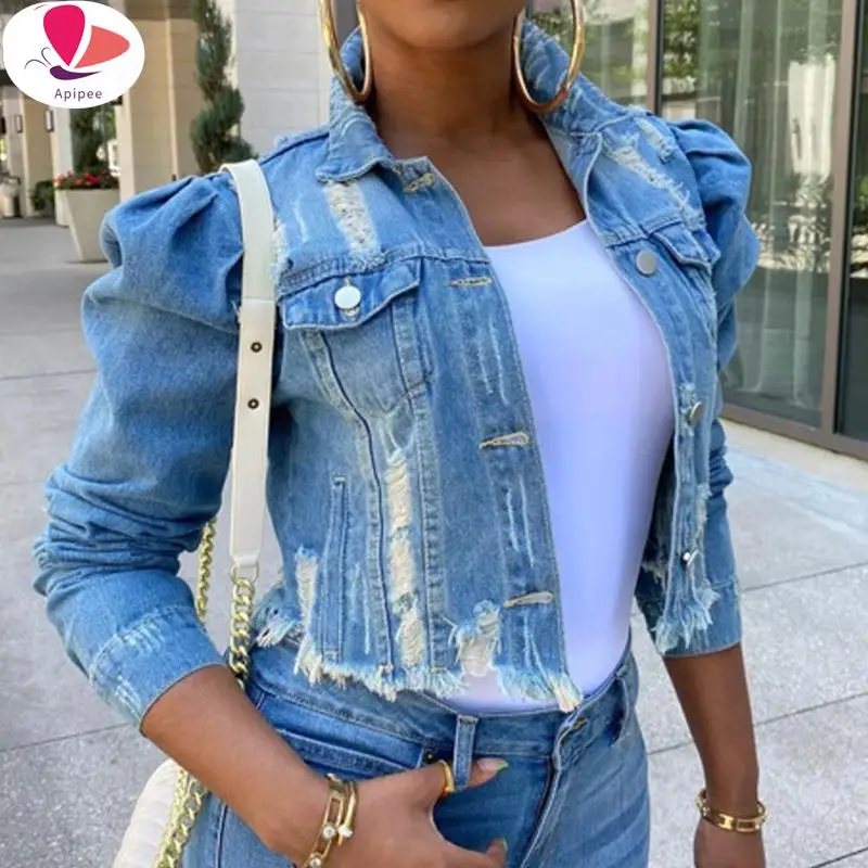 

2024 Big Sale Spring Women Sexy Ripped Denim Jackets Vintage Casual Short Jean Jacket Puff Sleeve Winter Female Coat Streetwear