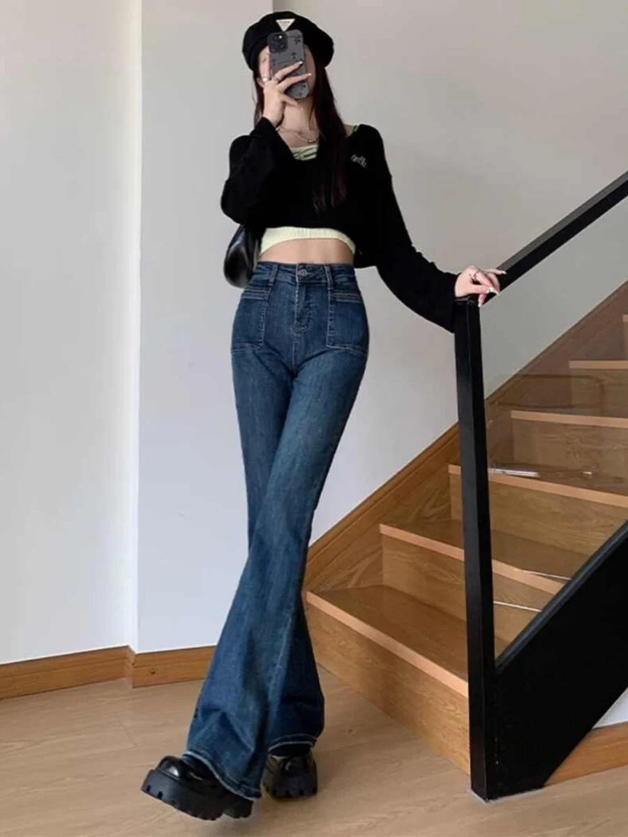 ريترو Fce اصطف عالية الخصر واسعة الساق مايكرو متوهج الجينز المرأة الخريف الشتاء حجم كبير السراويل التخسيس هوف