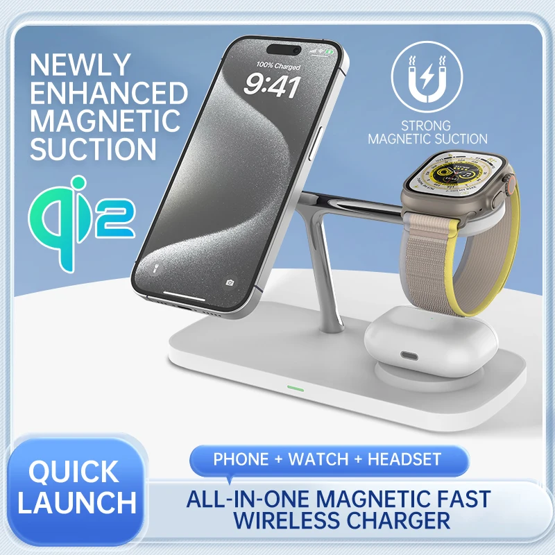 

New Qi2 3 in 1 Magnetic Wireless Charger 15W Fast Charging for Iphone 12/13/14/15 Series, Iwatch 1-9 and Airpods / TWS Chargers