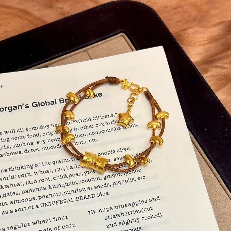 Chinese Style Lucky Wealth Attracting Golden Ingot Bracelet Handmade Braided Leather Rope Bracelet For Women Traditional Chinese