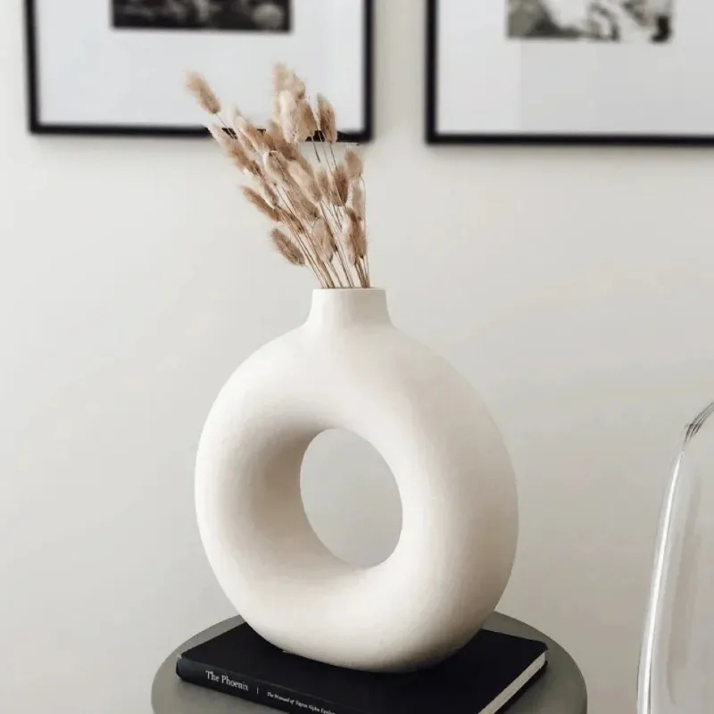 1Pcs White/Black Beige Ceramic Vase Vases For Decor Modern Home Decor Vase Boho Vases For Decor  Circle Vase, Round Vase Donut