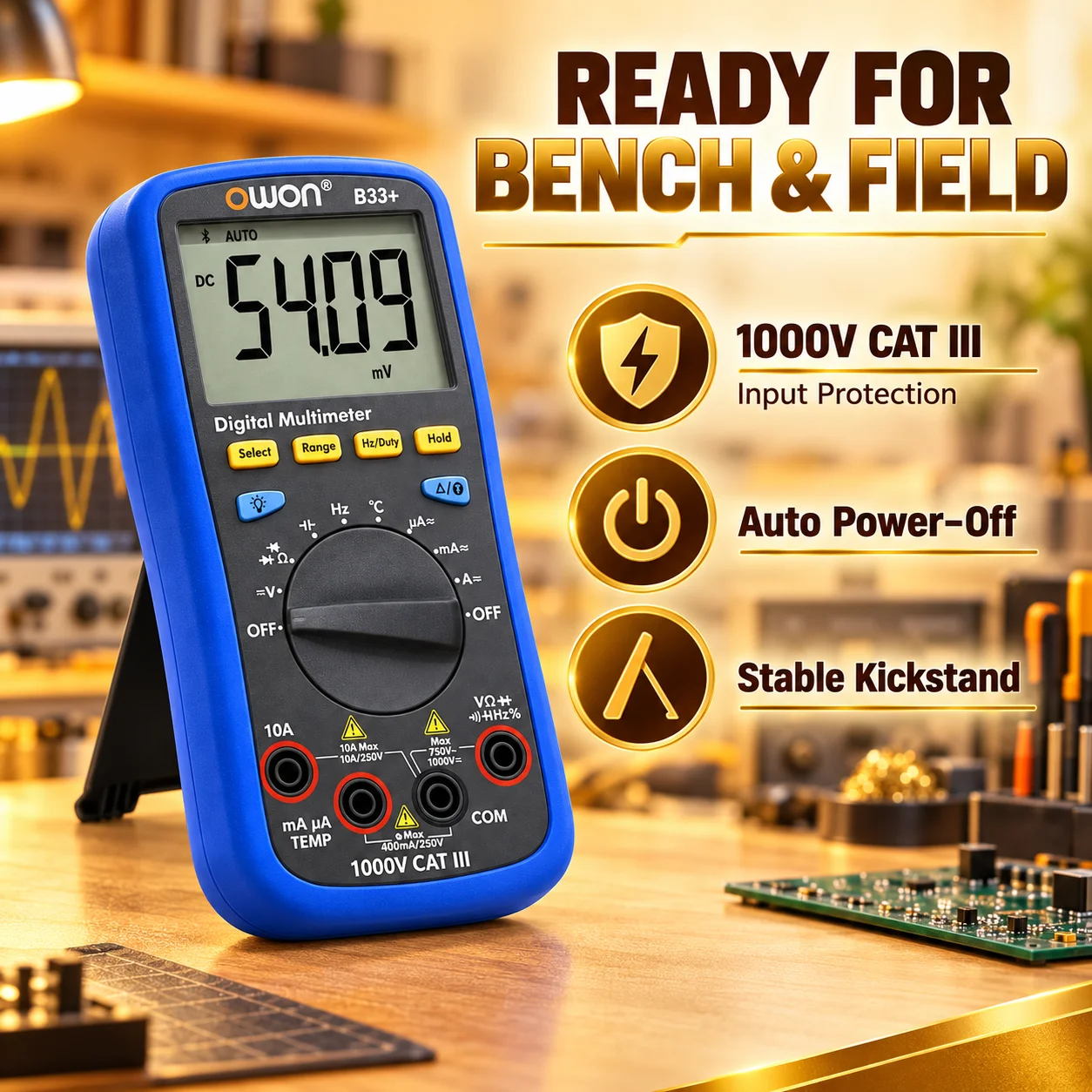OWON B33+ Bluetooth digitale multimeter, 3999 meetbereiken, automatische bereikselectie, AC/DC, offline datalogging, temperatuurmeter, mobiele app.