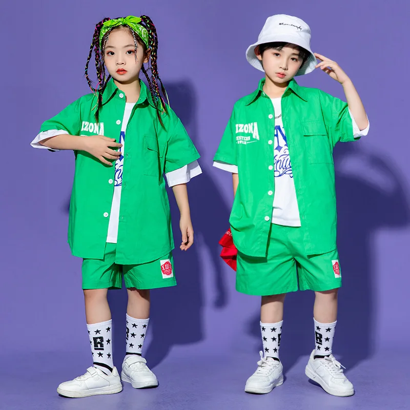 Kid Cool Hip Hop Clothing Letters Green Shirt Top Wide Casual Street Summer Shorts for Girl Boy Jazz Dance Costume Clothes Set