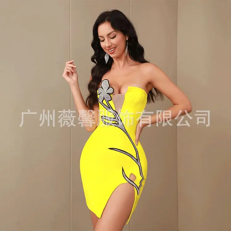 

2024 Rayon Bandage Fashion Nightclub Celebrate Birthday Dress New Yellow White Women's Off Shoulder Sexy Bodycon Mini Dress