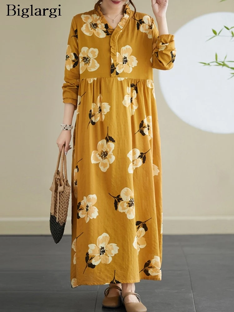 

Oversized Flower Floral Autumn Long A-Line Dress Women Ruffle Pleated Loose Modis Ladies Dresses Casual Long Sleeve Woman Dress