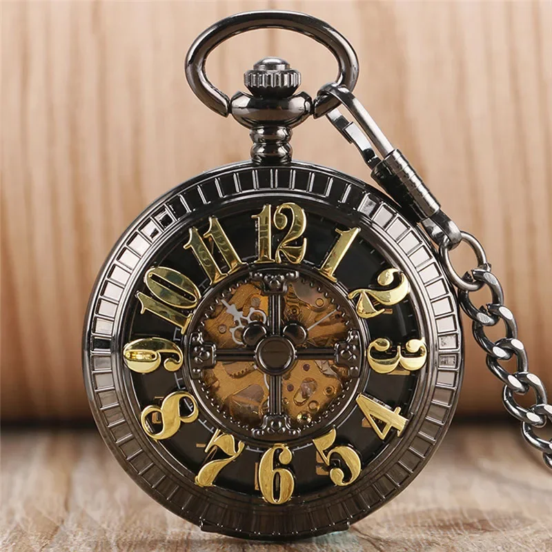 Antique Black Pocket Watch Skeleton Automatic Mechanical Watches for Men Women Arabic Number Half Hunter Clock Pendant Chain