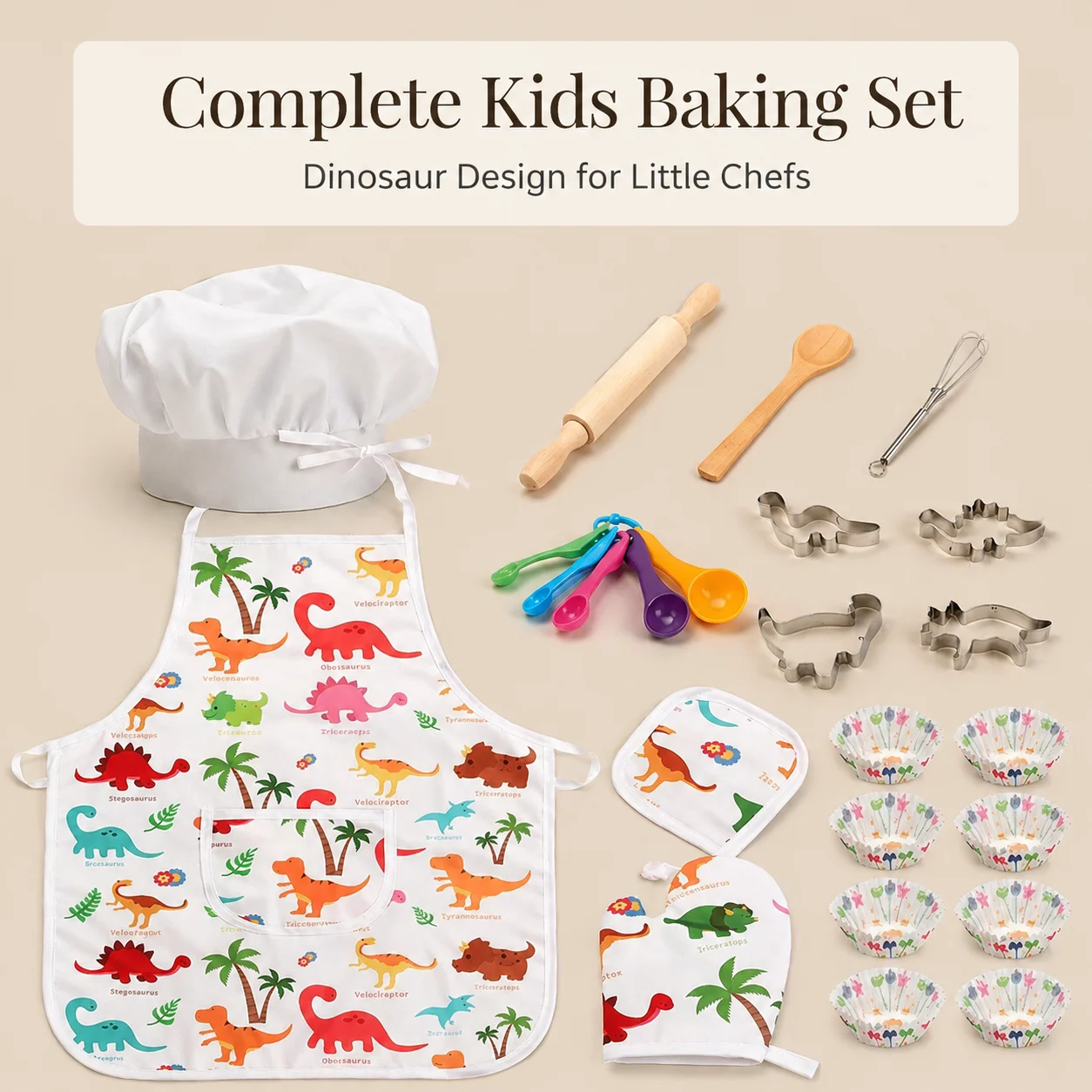 Dinosaur Kids Baking Set Chef Apron Hat Mitt Cooking Tools Kit Child DIY Cookie Cutters Cupcake Liners Kitchen Play Toy Gift view 4