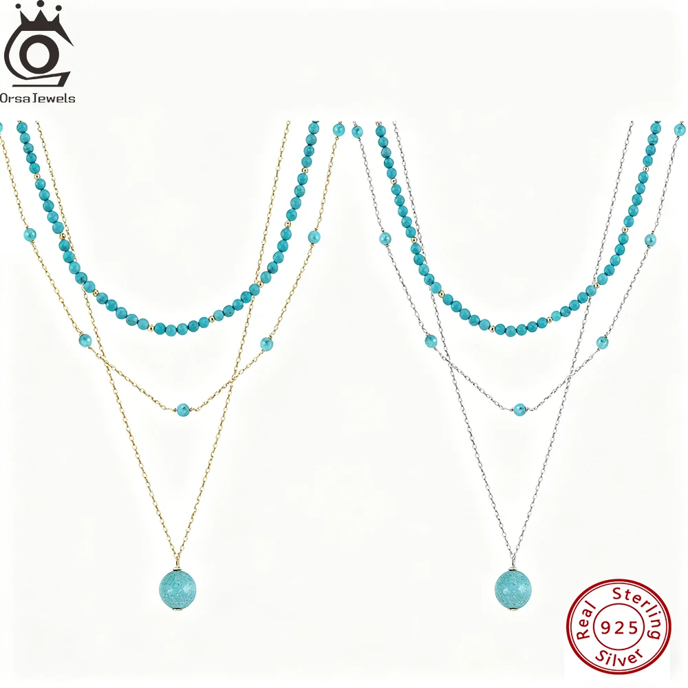 

ORSA JEWELS Fashion 925 Sterling Silver Layered Necklace with Natural Turquoise for Women Summer Sexy Jewelry Accessorry BQN33