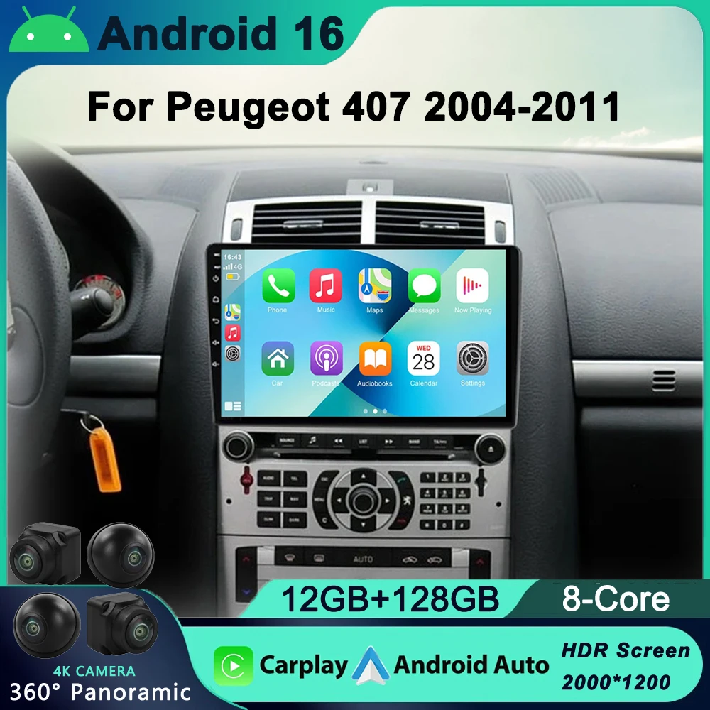 

Android 16 4G Wireless Carplay Auto Radio For Peugeot 407 2004-2011 Car Multimedia Player GPS Navigation Head Unit Stereo