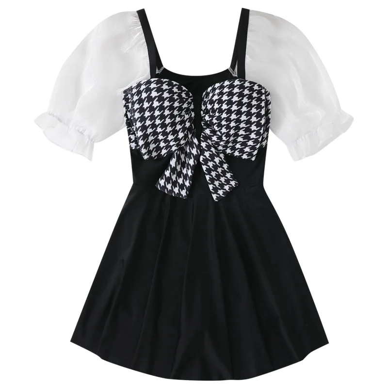 

New Conservative Swimsuit Female Fairy Hot Spring Belly Slimming Korean Ins One-piece Bow Mid-sleeved Skirt Swimsuit