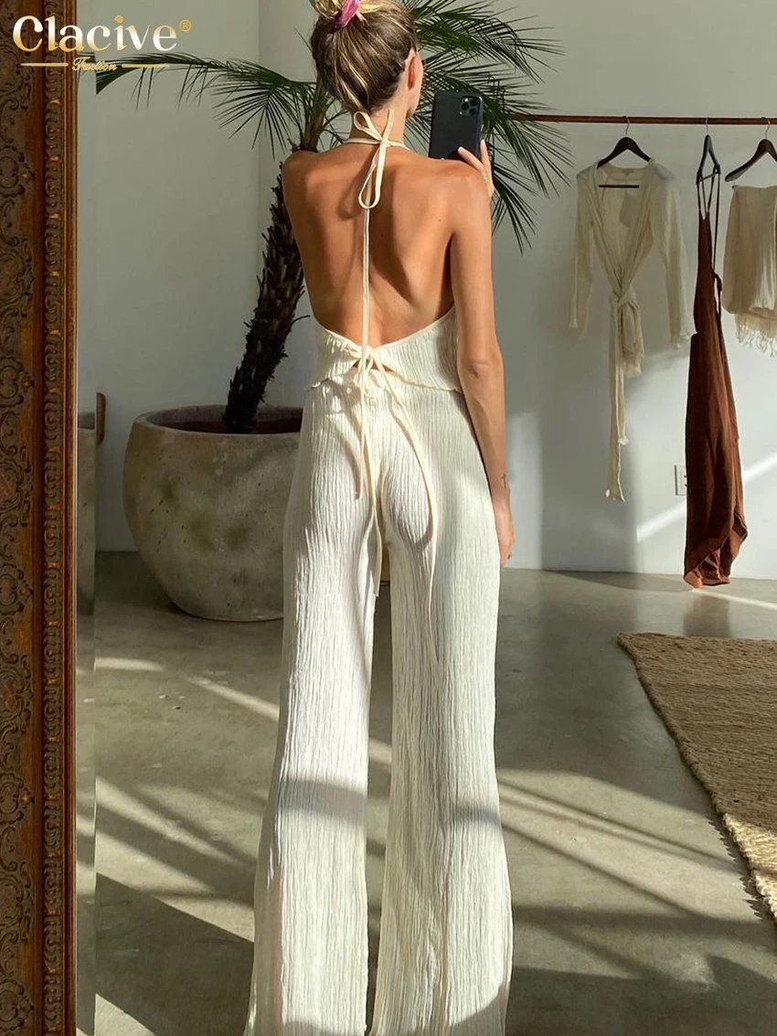 Clacive Sexy Halter Backless Tank Top Set Woman 2 Piece Bodycon Beige Pleated Pants Set Female Elegant Skinny Slit Trouser Suits