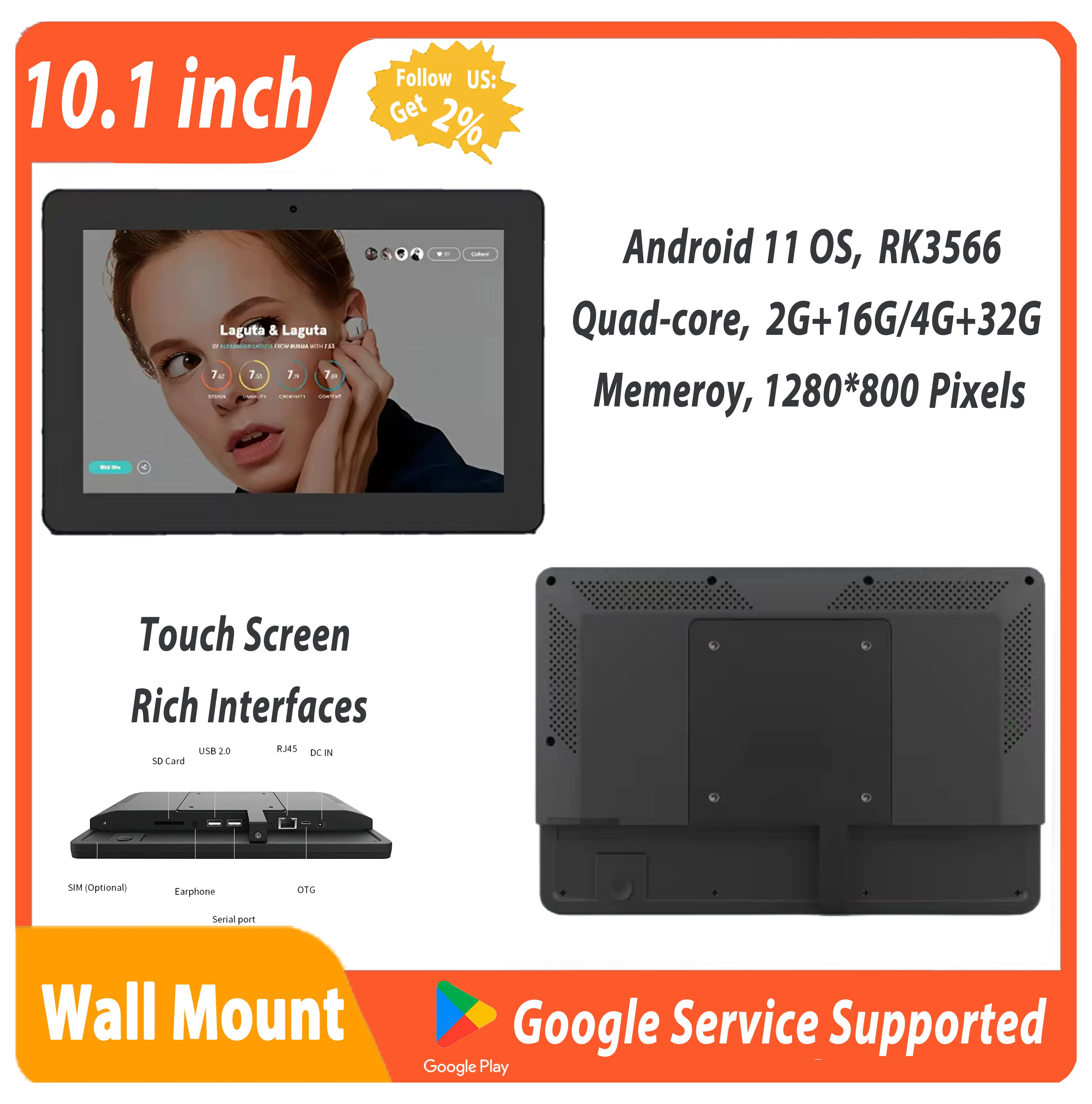 

10.1 Inch Android 11 Tablet Wall Mount 4G+32G Monitor Capacitive Touch Screen PC Wifi Kitchen KDS Advertising Display VESA