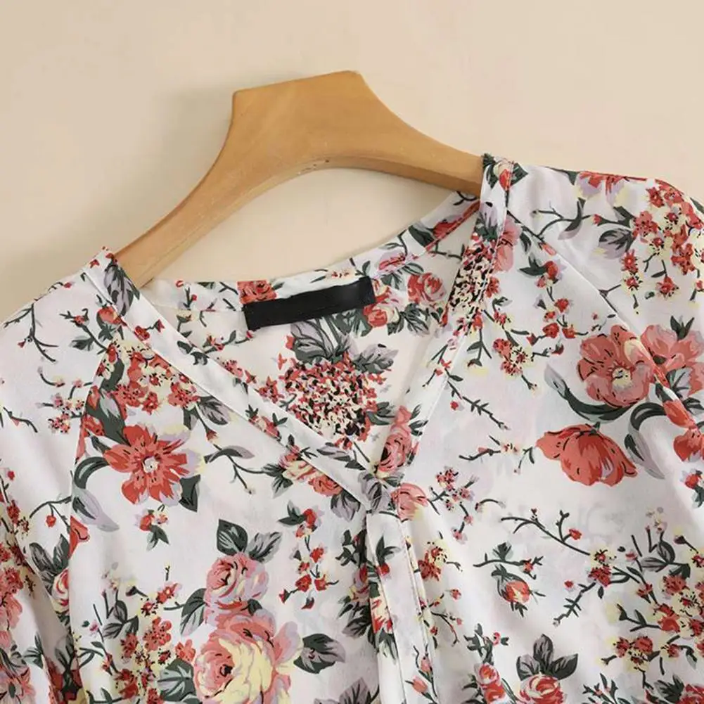 Camisa floral boêmia com gola em v feminina, camisa elástica macia, manga lanterna, elegante, primavera