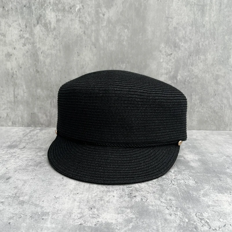 women-black-woven-newsboy-hat-summer-breathable-straw-equestrian-sun-visor-cap