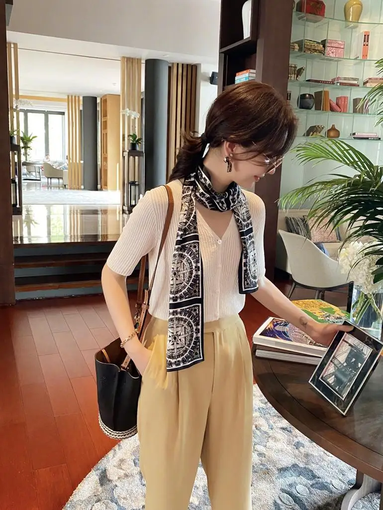 エレガントな二重層シルクスカーフ-レディース-ロングレクタングル-純シルクサテンリボン-ガイドラインコンパス-トレンドファッションアクセサリー