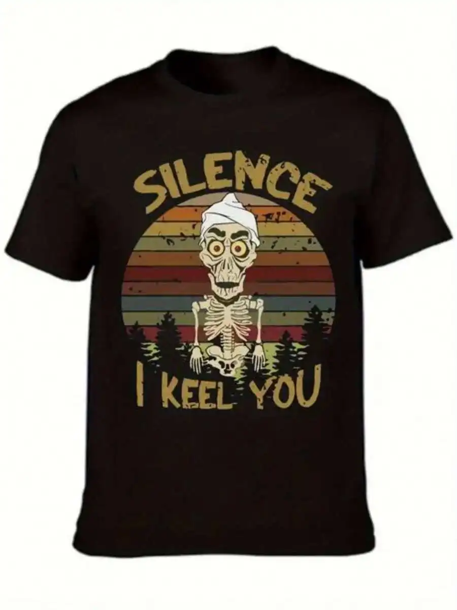 Silence I Keel Pattern Black Crew Neck Printed T-Shirt, Black T-Shirt For Teens And Adults, Halloween Christmas Ideal Gift, Summer Loose Men's Outdoor T-Shirt Sizes S To 3XL