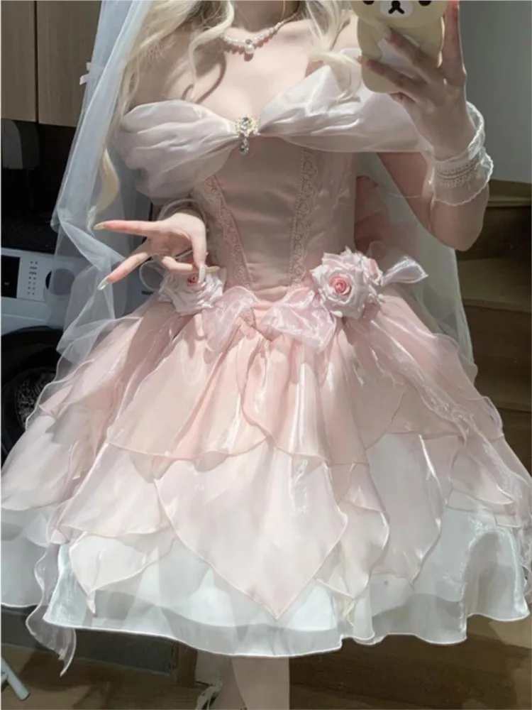 ชุดเดรสวันนักเรียนไหล่เดียวนางฟ้าดอกไม้เล็กๆ