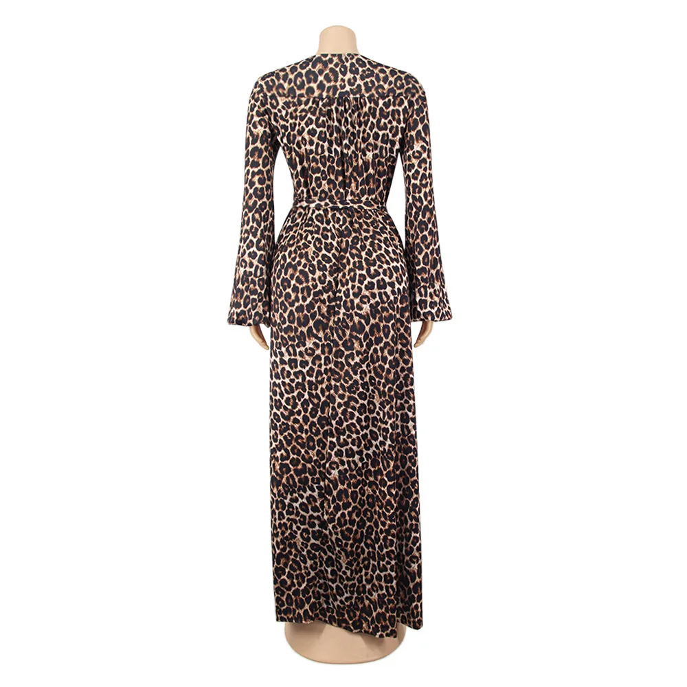 H188 European and American Cross-Border Sexy Casual Leopard Print V Neck Women\'s Long Dress Nightclub Dress