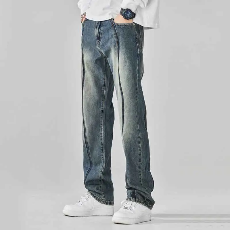 Jeans estivi Vintage stile americano High Street da uomo cerniere tascabili tendenza invecchiata pantaloni in Denim a gamba larga dritti versatili