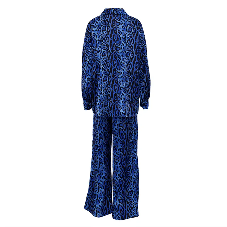 Women Long Sleeve Leopard Print Blouses Suits With Long Pants Fashion Blue Two Piece Sets Tracksuits Ladies Outfits