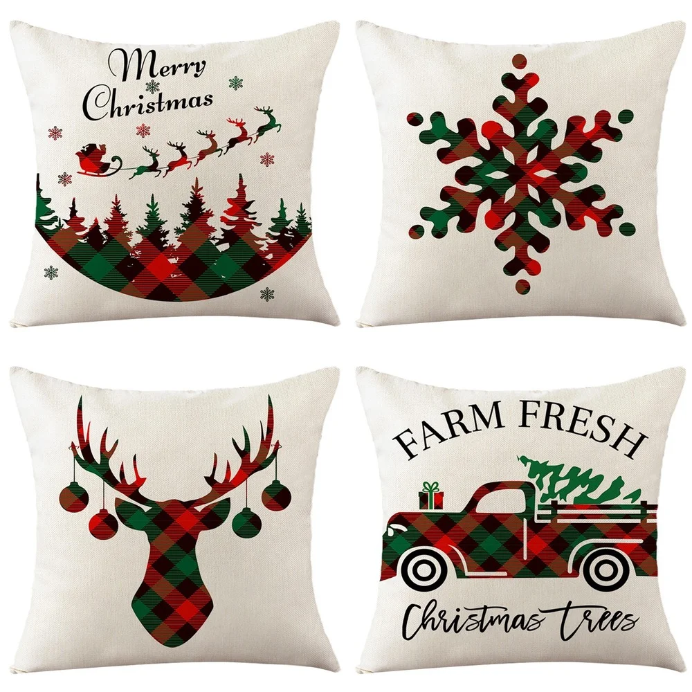 

Christmas Gifts Home Decor Linen Cushion Cover 18x18 Inches Square Pillow Cover Buffalo Check Reindeer Printed Throw Pillowcase