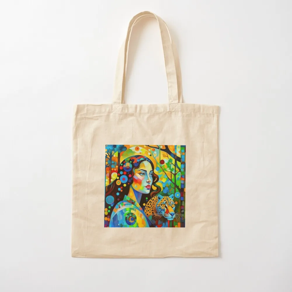 

A woman and a leopard. Tote Bag tote bag men's personalized tote bag