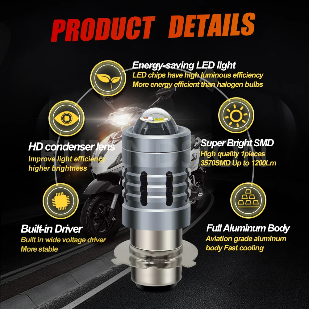 RUIANDSION LSP15D Motorcycle Headlight Nonpolarity High Low Beam Lamp Bulbs Moto LED Head Light AC12V-36V/DC12V-80V 6000K