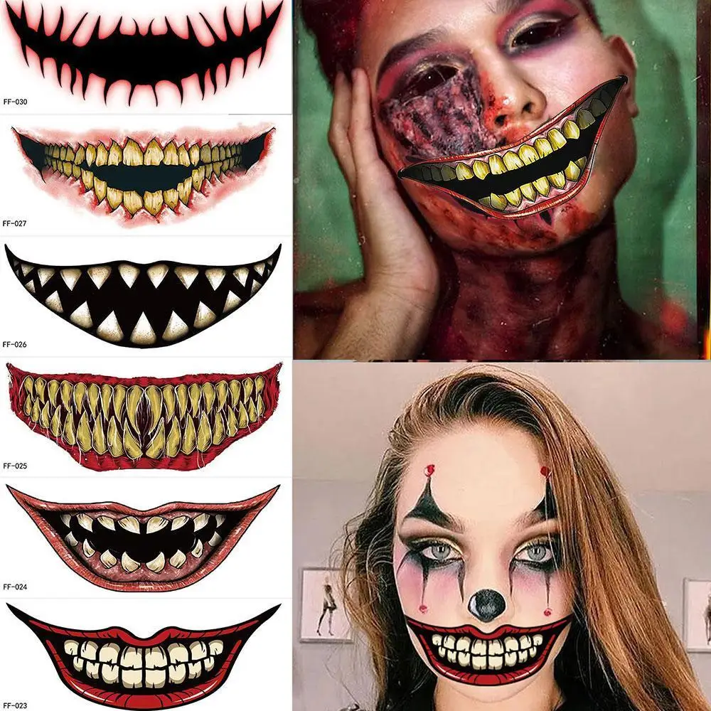 Halloween pvc tatuagem adesivos, 1 parte, horror, lábios, diy, boca grande, impermeável, engraçado, maquiagem, sorriso, lábio, ferramenta de beleza