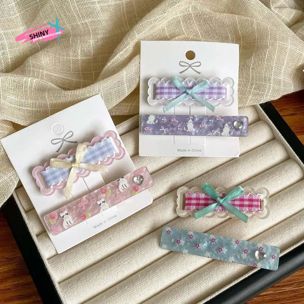 

2Pcs/set Korean Style Bow Plaid Hair Clip Barrettes Love Heart Cartoon Cat Hairpin Headdress Vacation Headwear Korean Hair Clip