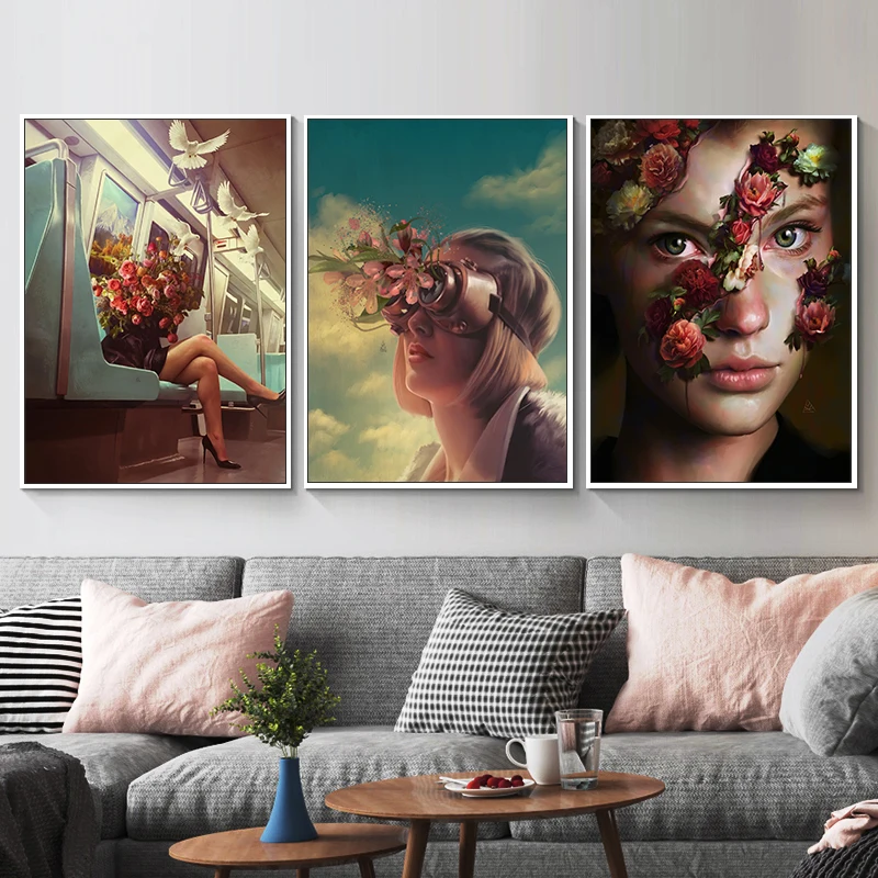 

Surreal Flower Woman Canvas Painting Vintage Figure Painting Posters Prints Abstract Wall Art Picture Living Room Bar Home Decor