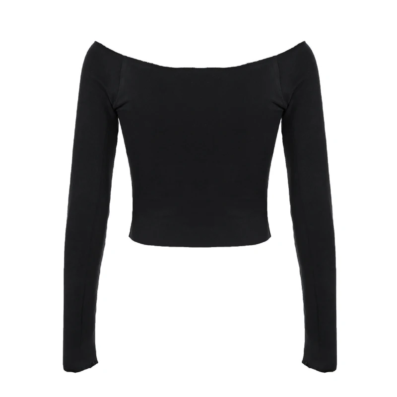 IAMHOTTY Casual Basic Slash Neck Cropped Top White Black Slim-fitting Long Sleeve T-shirts Streetwear Chic Elegant Clothes Women