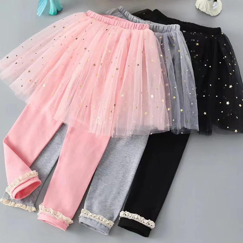 Spring Autumn Kids Girls Mesh Sequined Leggings Fake Two Piece Tutu Skirt Pants Princess Skirt Trousers Children Cotton Clothes