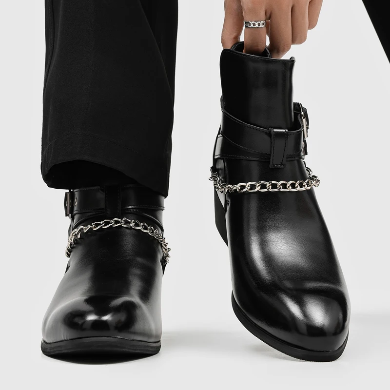 Men's Punk Leather Chelsea Boots Metal Chain Vintage Ankle Boots Chunky Heel Gothic Fashion Footwear Laceless Shoes Brown Black