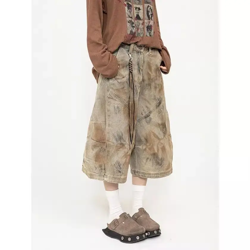 Retro Washed Old Denim Shorts Men's Summer Loose Casual Wide-leg Cropped Pants