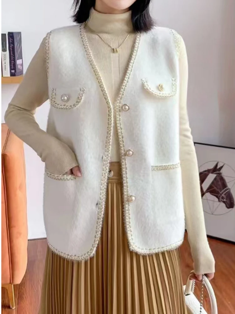 Glittery Contrast Trim Knit Vest with Pocket Pearl Button Brush Sleeveless Cardigan Sweater Women Fall Winter Classic Outfit