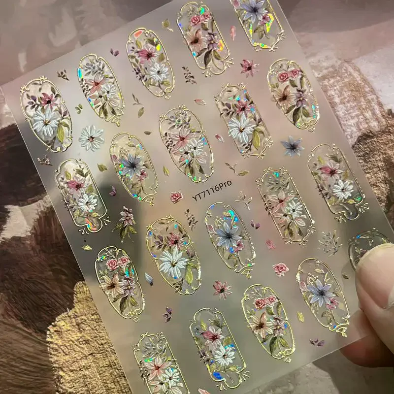 5D Embossed Flower Nail Art Stickers Glitter Laser Petal Self Adhesive Nail Slider Decals Decorations Accessories DIY