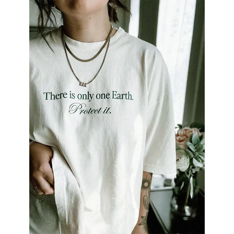 There is Only One Earth Protect it Slogan Printing Short Sleeve T shirts Female 2023 Summer Cotton Oversize Casual Tops Tees