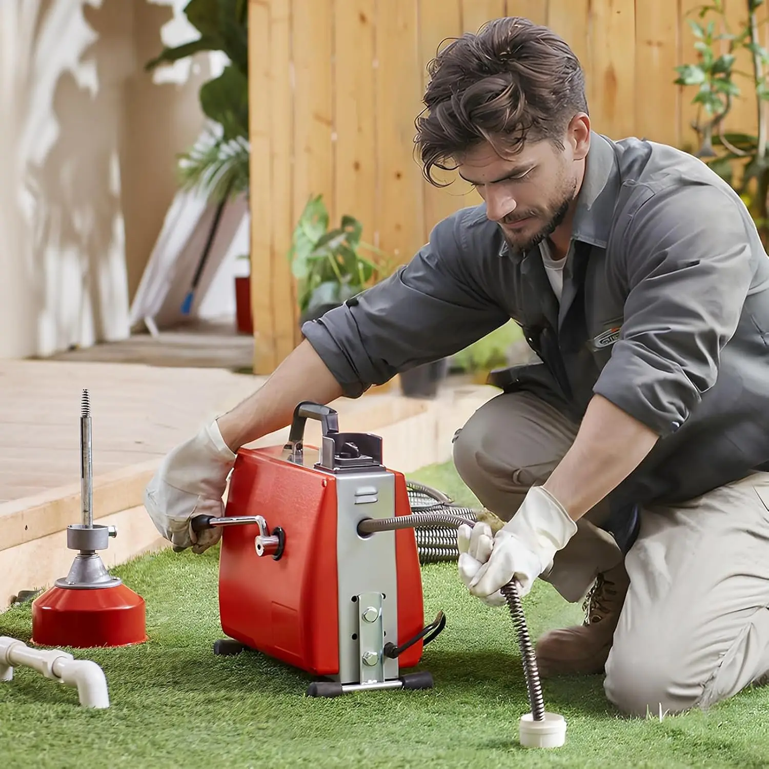 66FT x 5/8 Inch Drain Cleaner Machine, 250W Electric Sewer Snake Auger Manual Feed - with 7 Cutters, 2 Steel Cables