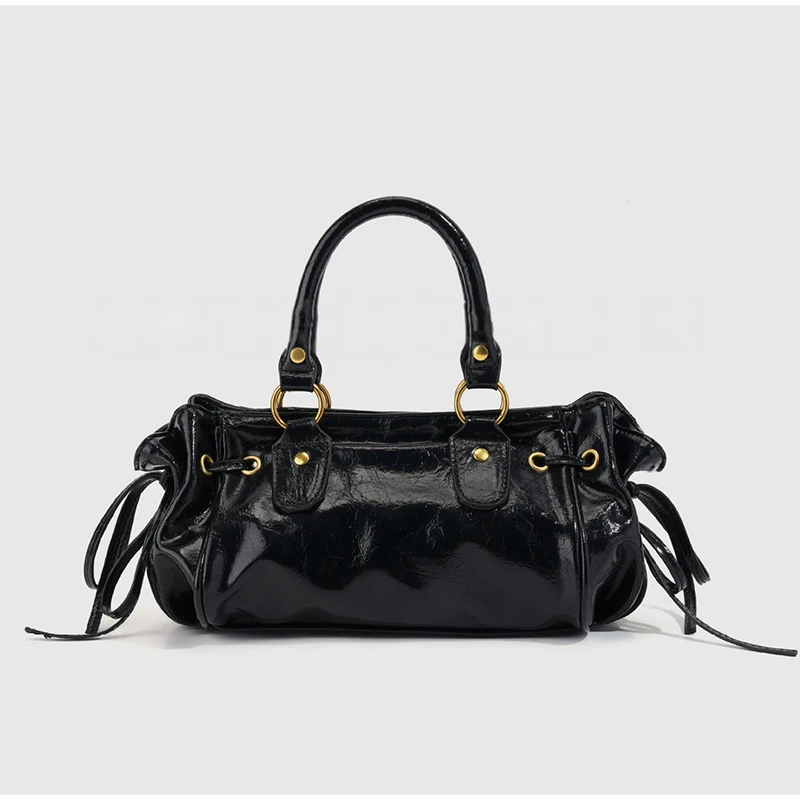 Vintage Drawstring Drawstring Pleated Women's Bag Metal Rivet Bow Handbag Versatile Autumn Winter Single Shoulder Crossbody Bag